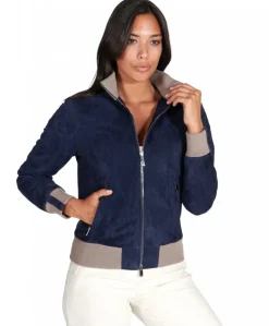 Donna D'Arienzo G155 - Bomber in pelle scamosciata blu collo in lana merino