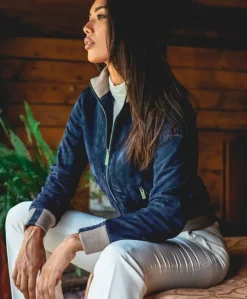 Donna D'Arienzo G155 - Bomber in pelle scamosciata blu collo in lana merino