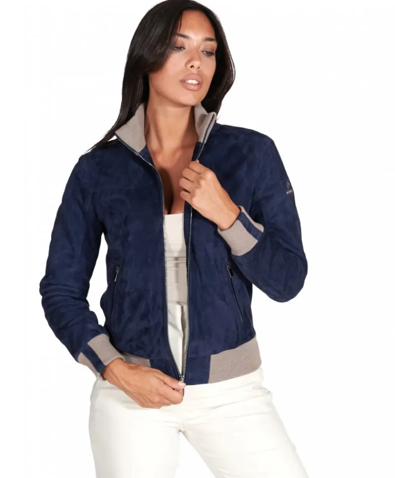 Donna D'Arienzo G155 - Bomber in pelle scamosciata blu collo in lana merino