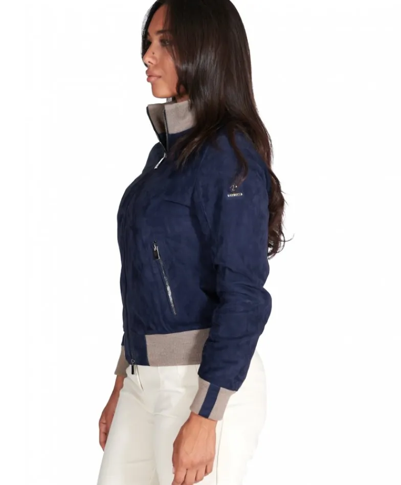 Donna D'Arienzo G155 - Bomber in pelle scamosciata blu collo in lana merino