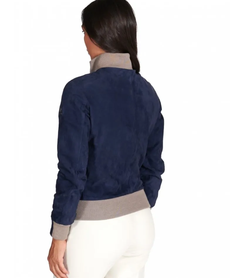 Donna D'Arienzo G155 - Bomber in pelle scamosciata blu collo in lana merino
