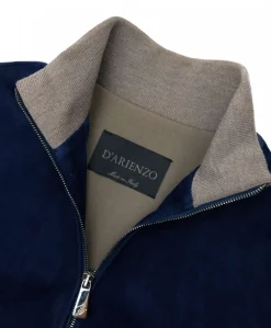 Donna D'Arienzo G155 - Bomber in pelle scamosciata blu collo in lana merino