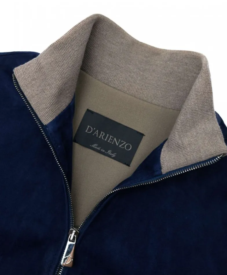 Donna D'Arienzo G155 - Bomber in pelle scamosciata blu collo in lana merino