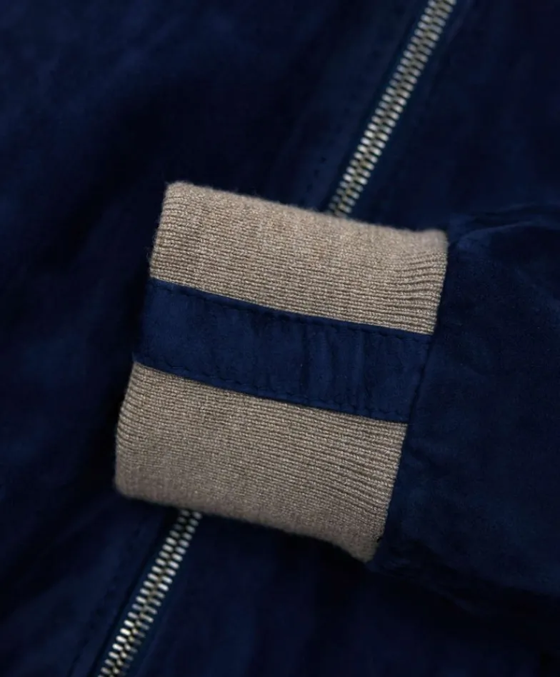 Donna D'Arienzo G155 - Bomber in pelle scamosciata blu collo in lana merino