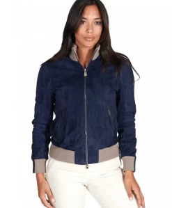 Donna D'Arienzo G155 - Bomber in pelle scamosciata blu collo in lana merino