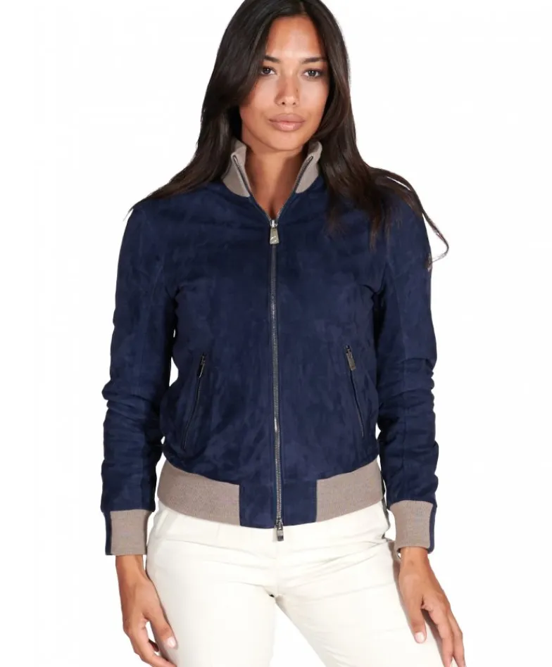 Donna D'Arienzo G155 - Bomber in pelle scamosciata blu collo in lana merino