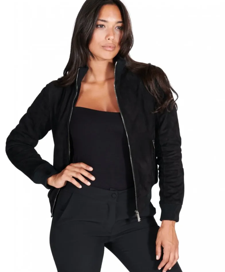 Donna D'Arienzo G155 - Bomber in pelle scamosciata nera collo in lana merino