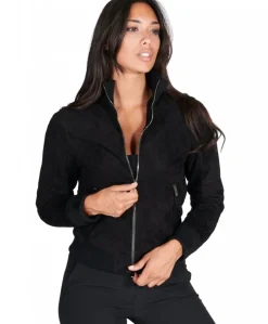 Donna D'Arienzo G155 - Bomber in pelle scamosciata nera collo in lana merino