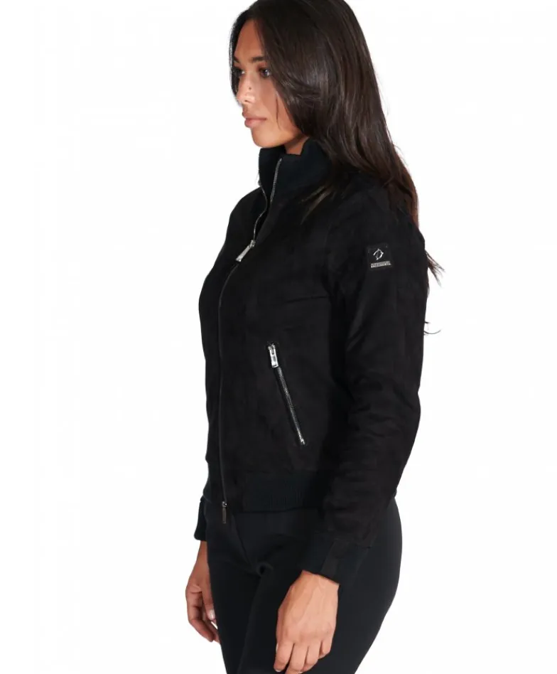 Donna D'Arienzo G155 - Bomber in pelle scamosciata nera collo in lana merino