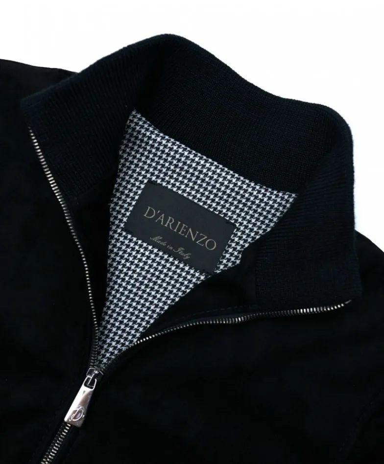 Donna D'Arienzo G155 - Bomber in pelle scamosciata nera collo in lana merino