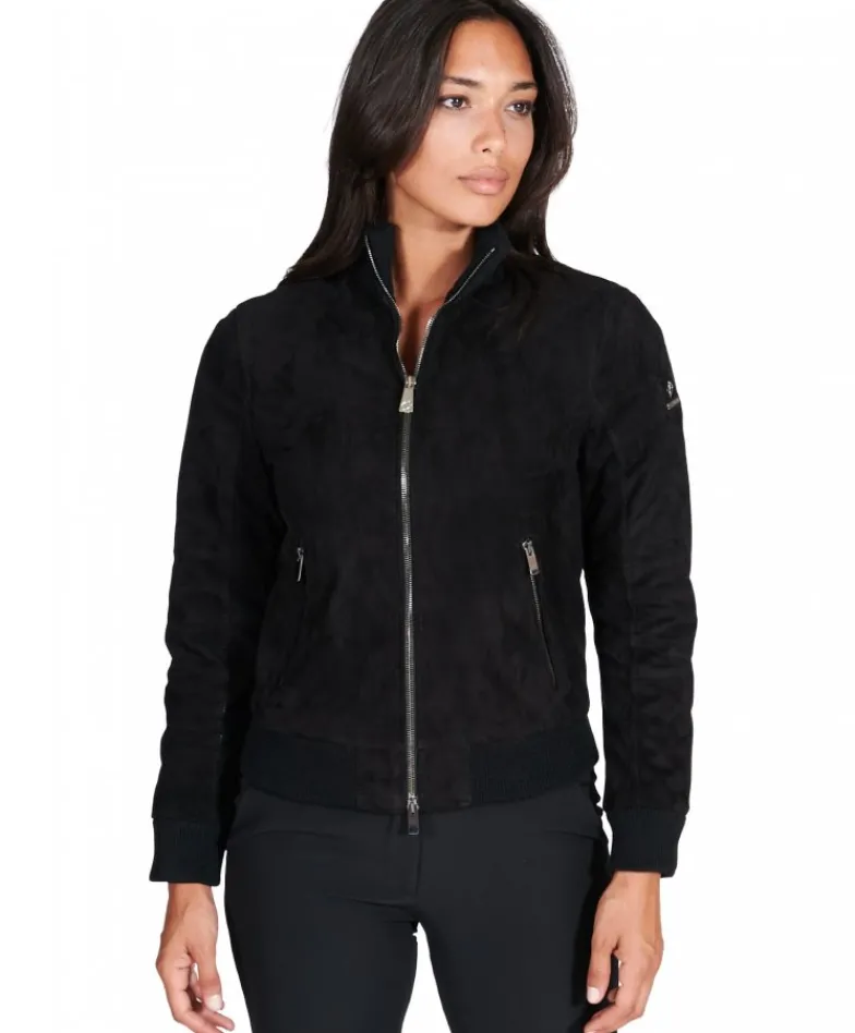 Donna D'Arienzo G155 - Bomber in pelle scamosciata nera collo in lana merino