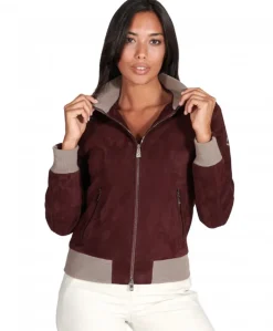 Donna D'Arienzo G155 - Bomber in pelle scamosciata bordeaux collo in lana merino