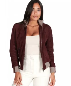 Donna D'Arienzo G155 - Bomber in pelle scamosciata bordeaux collo in lana merino