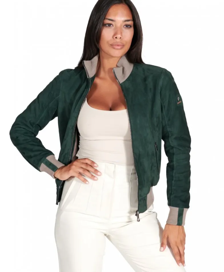 Donna D'Arienzo G155 - Bomber in pelle scamosciata verde collo in lana merino