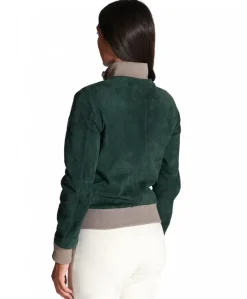 Donna D'Arienzo G155 - Bomber in pelle scamosciata verde collo in lana merino