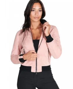 Donna D'Arienzo G155 - Bomber in pelle scamosciata rosa collo in lana merino a contrasto
