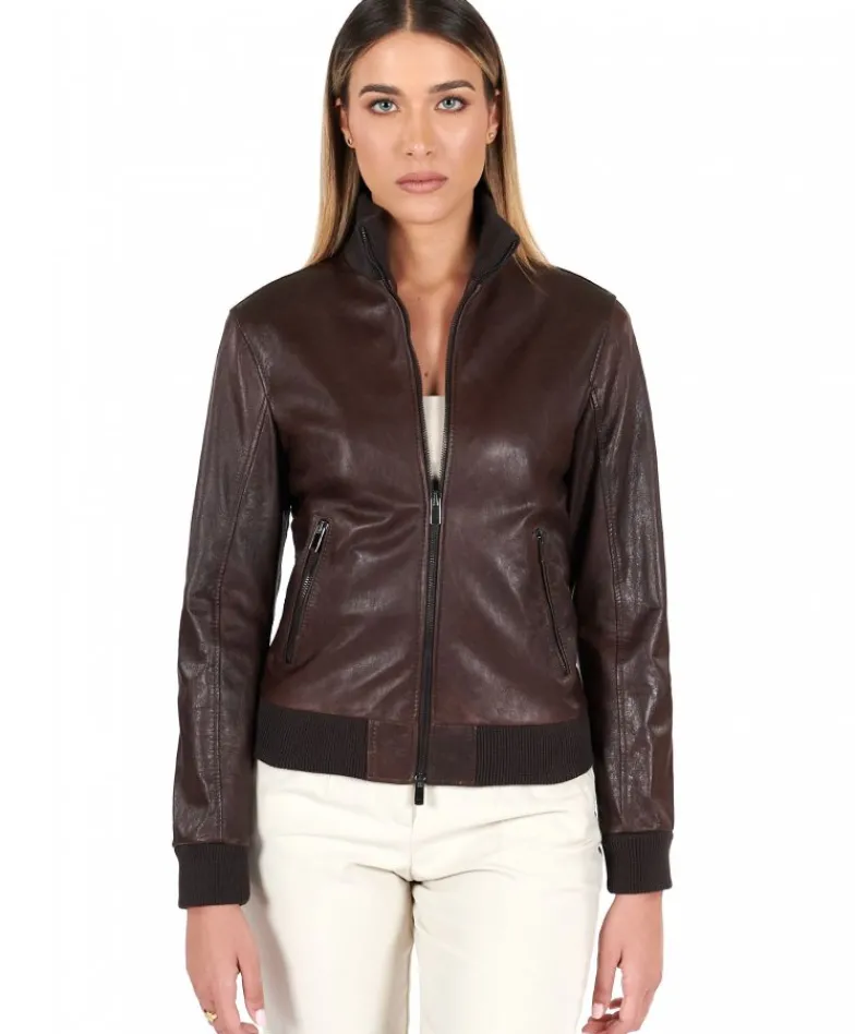 Donna D'Arienzo G155 - Bomber in pelle testa di moro effetto vintage