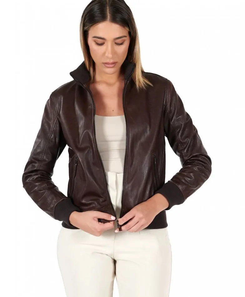 Donna D'Arienzo G155 - Bomber in pelle testa di moro effetto vintage