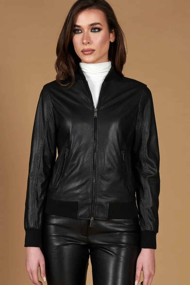 Donna D'Arienzo G155 College - Bomber in pelle traforata nera nappa effetto liscio