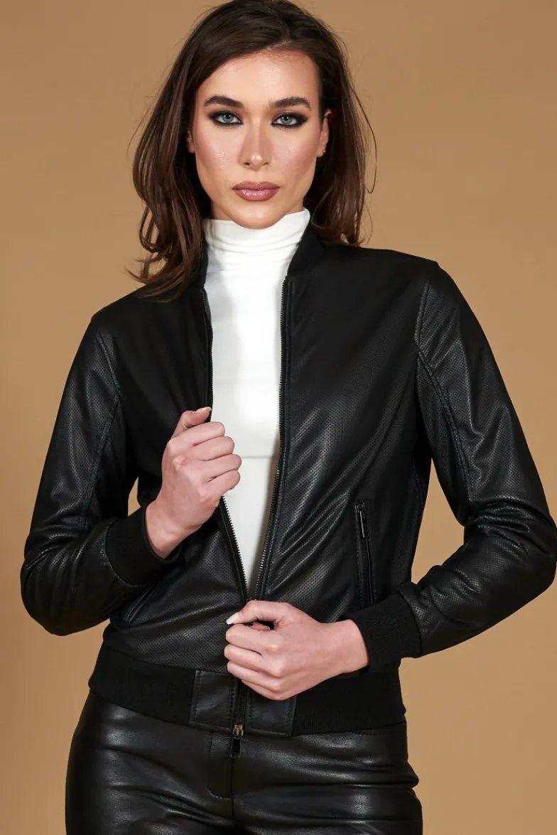 Donna D'Arienzo G155 College - Bomber in pelle traforata nera nappa effetto liscio