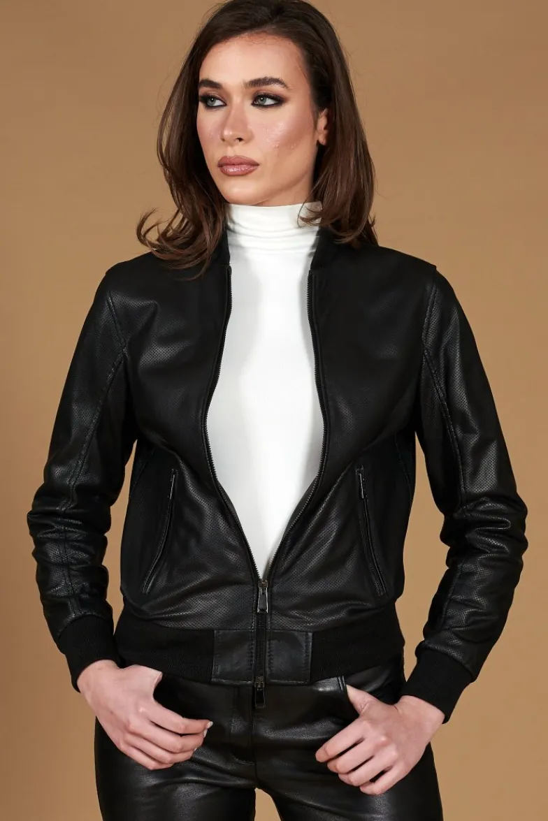 Donna D'Arienzo G155 College - Bomber in pelle traforata nera nappa effetto liscio