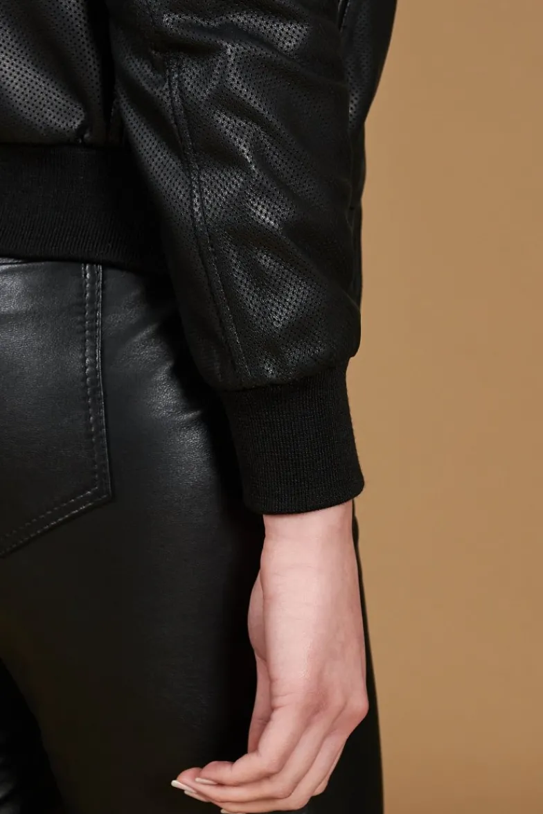 Donna D'Arienzo G155 College - Bomber in pelle traforata nera nappa effetto liscio