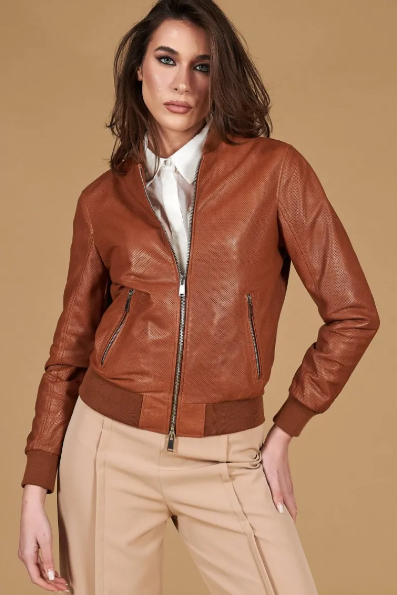 Donna D'Arienzo G155 College - Bomber in pelle traforata color cuoio nappa effetto liscio