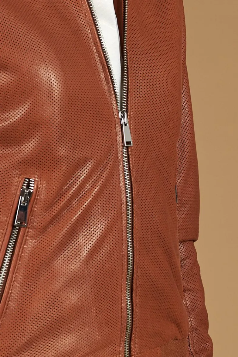 Donna D'Arienzo G155 College - Bomber in pelle traforata color cuoio nappa effetto liscio