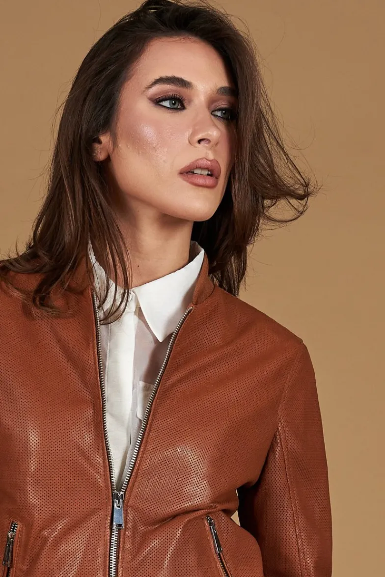 Donna D'Arienzo G155 College - Bomber in pelle traforata color cuoio nappa effetto liscio