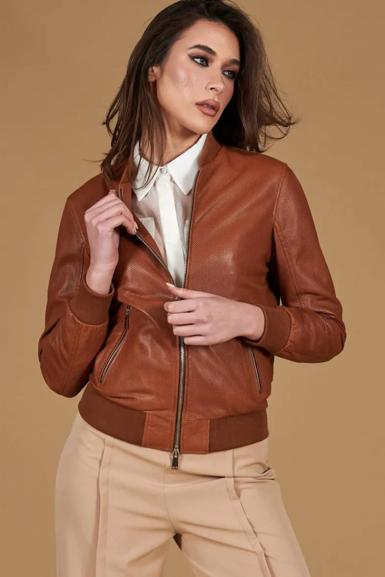 Donna D'Arienzo G155 College - Bomber in pelle traforata color cuoio nappa effetto liscio
