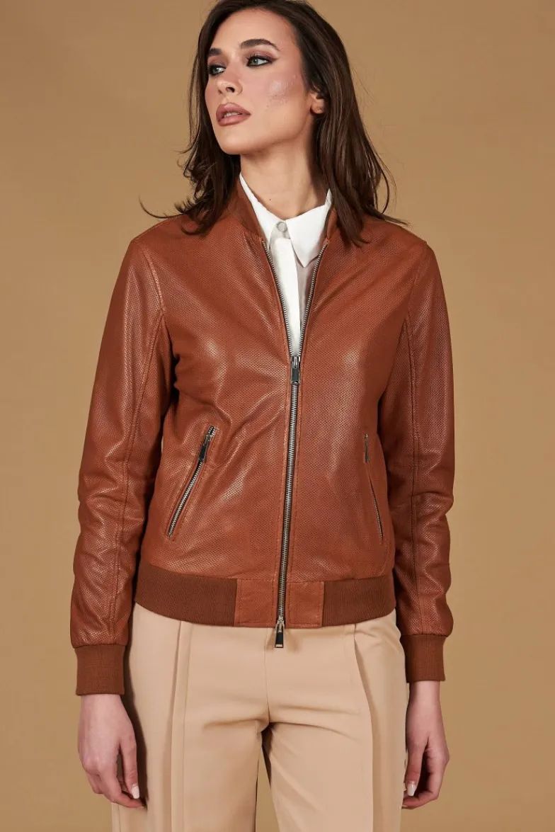 Donna D'Arienzo G155 College - Bomber in pelle traforata color cuoio nappa effetto liscio