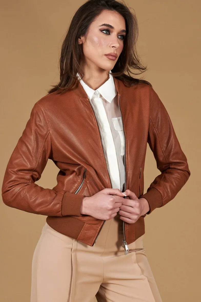 Donna D'Arienzo G155 College - Bomber in pelle traforata color cuoio nappa effetto liscio
