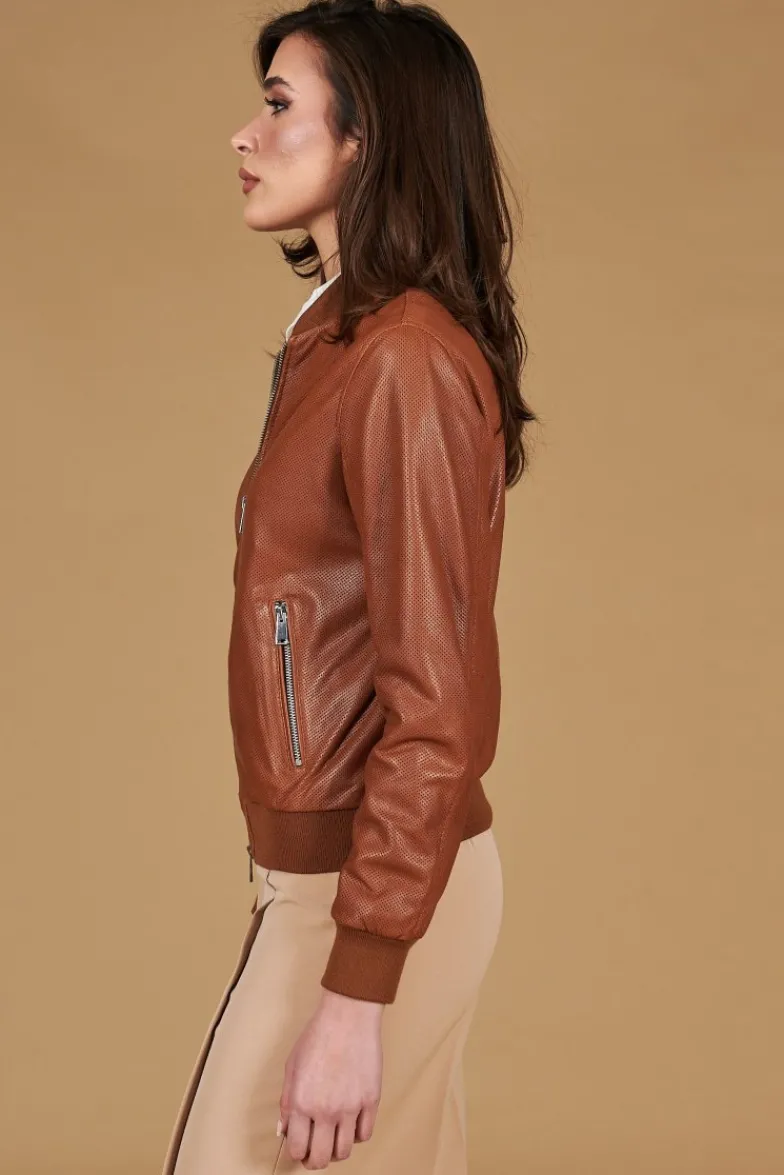 Donna D'Arienzo G155 College - Bomber in pelle traforata color cuoio nappa effetto liscio