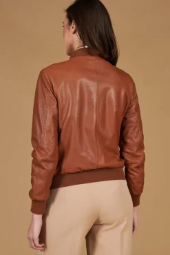Donna D'Arienzo G155 College - Bomber in pelle traforata color cuoio nappa effetto liscio