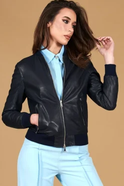 Donna D'Arienzo G155 College - Bomber in pelle traforata blu nappa effetto liscio