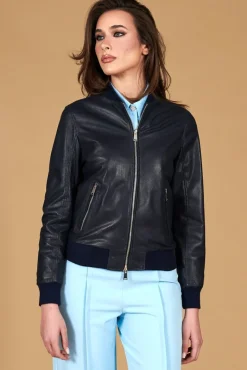 Donna D'Arienzo G155 College - Bomber in pelle traforata blu nappa effetto liscio