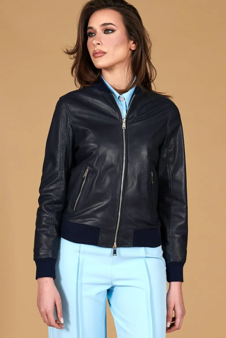 Donna D'Arienzo G155 College - Bomber in pelle traforata blu nappa effetto liscio
