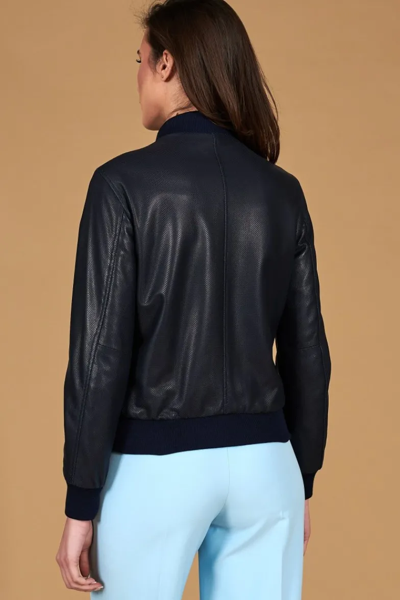 Donna D'Arienzo G155 College - Bomber in pelle traforata blu nappa effetto liscio