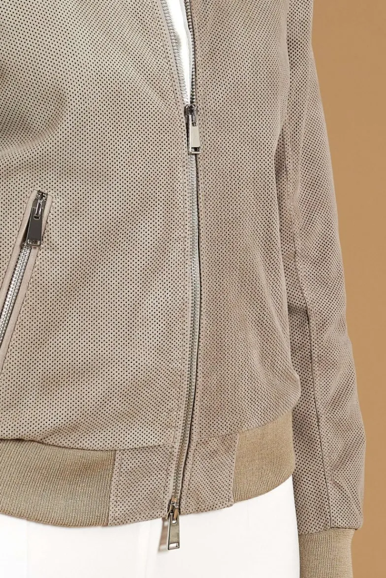 Donna D'Arienzo G155 College - Bomber in pelle camoscio traforato grigio colletto pistagna