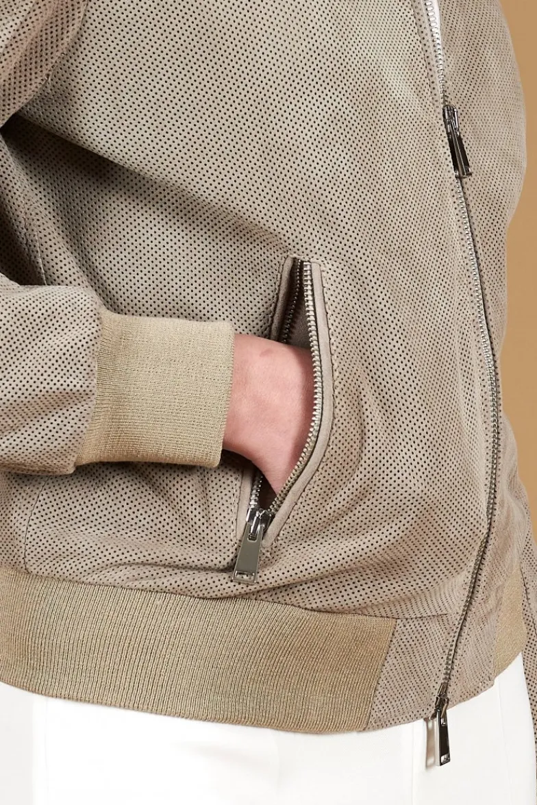 Donna D'Arienzo G155 College - Bomber in pelle camoscio traforato grigio colletto pistagna