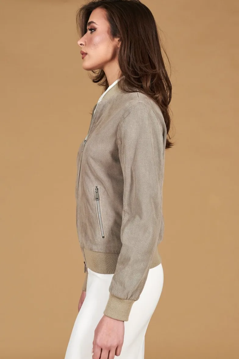 Donna D'Arienzo G155 College - Bomber in pelle camoscio traforato grigio colletto pistagna
