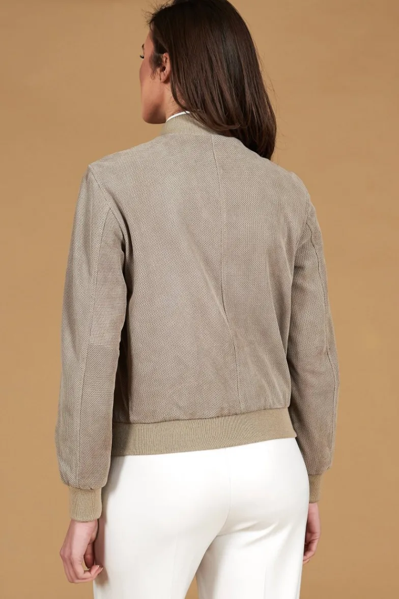 Donna D'Arienzo G155 College - Bomber in pelle camoscio traforato grigio colletto pistagna