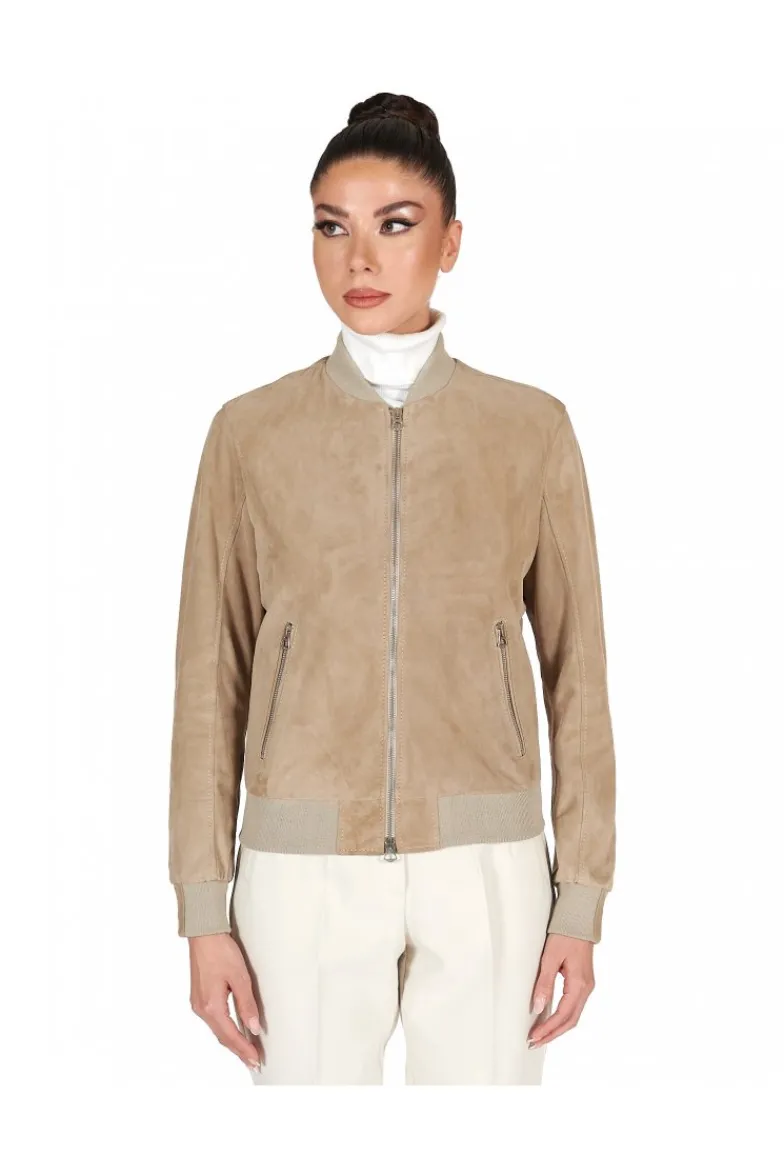 Donna D'Arienzo G155 College - Bomber in pelle camoscio colore sabbia collo banana