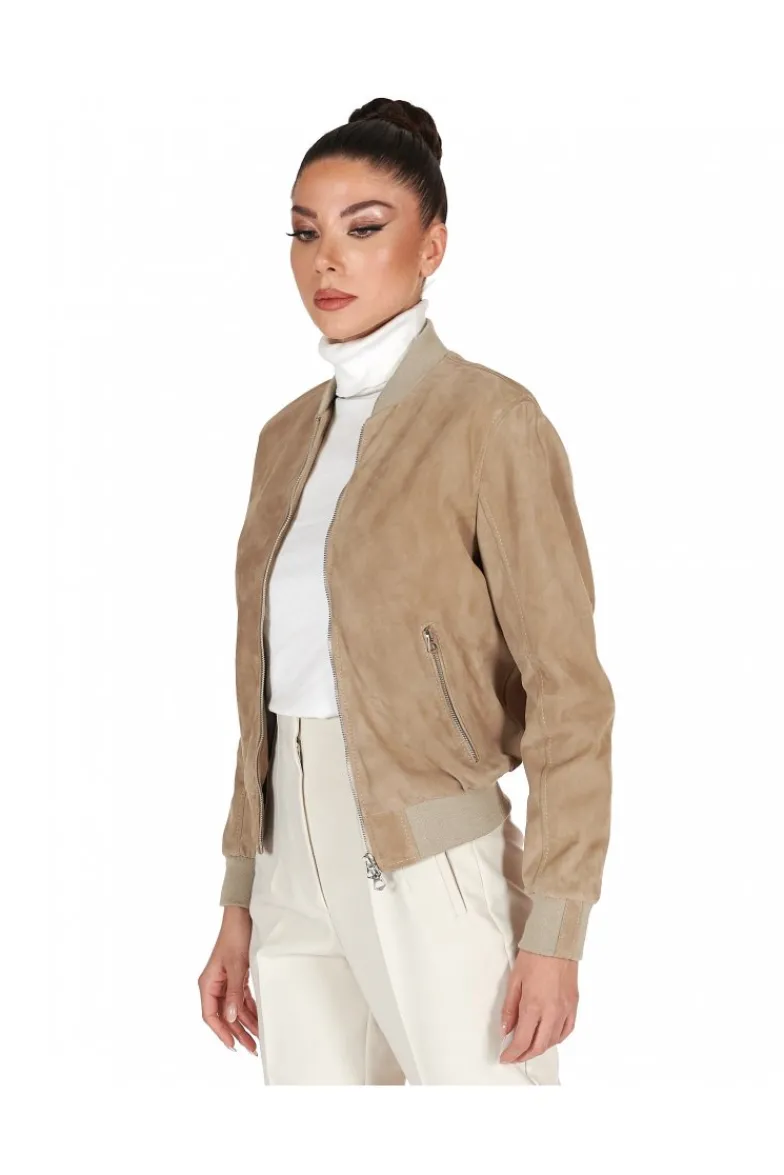 Donna D'Arienzo G155 College - Bomber in pelle camoscio colore sabbia collo banana