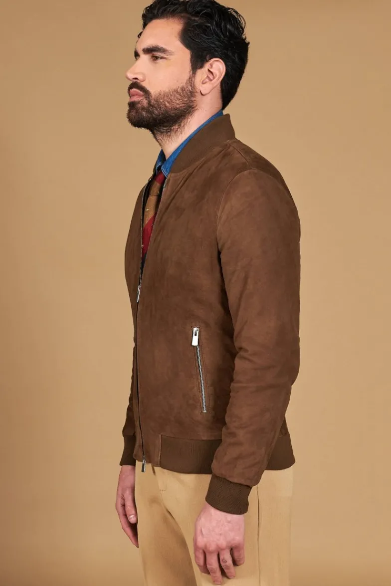 Uomo D'Arienzo Gaudil - Giacca Bomber in pelle scamosciata fango due tasche