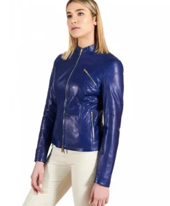 Donna D'Arienzo Geny - Giacca moto in pelle naturale bluette trapuntata effetto liscio