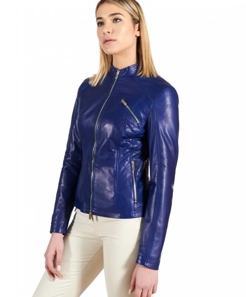 Donna D'Arienzo Geny - Giacca moto in pelle naturale bluette trapuntata effetto liscio