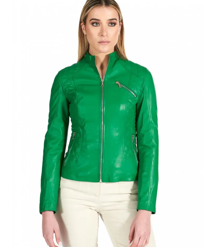 Donna D'Arienzo Geny - Giacca moto in pelle verde trapuntata nappa effetto liscio