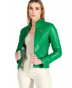 Donna D'Arienzo Geny - Giacca moto in pelle verde trapuntata nappa effetto liscio