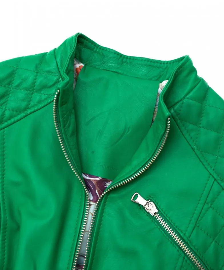 Donna D'Arienzo Geny - Giacca moto in pelle verde trapuntata nappa effetto liscio
